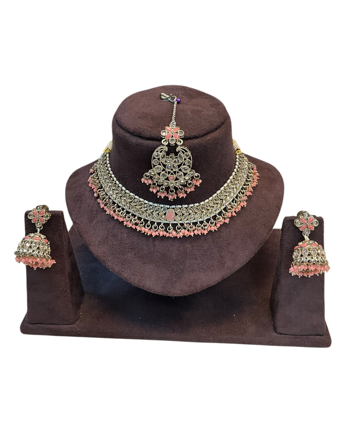 Peach - Medium Size Antique Gold Finish Necklace Set with Earrings & Tika Head piece - GGA05 KV 0525 - Prachy Creations
