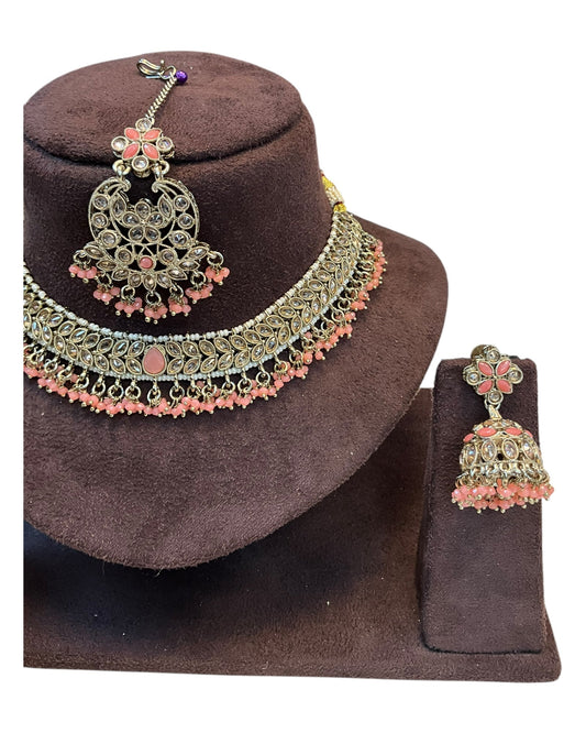 Peach - Medium Size Antique Gold Finish Necklace Set with Earrings & Tika Head piece - GGA05 KV 0525 - Prachy Creations