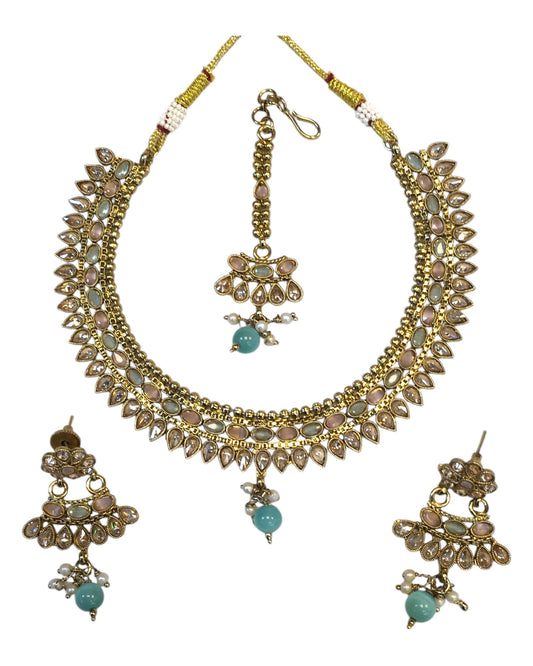 Peach / Sea Green - Antique Gold Finish Necklace & Earrings Set - Bollywood - Weddings - HR1015 11C24 - Prachy Creations