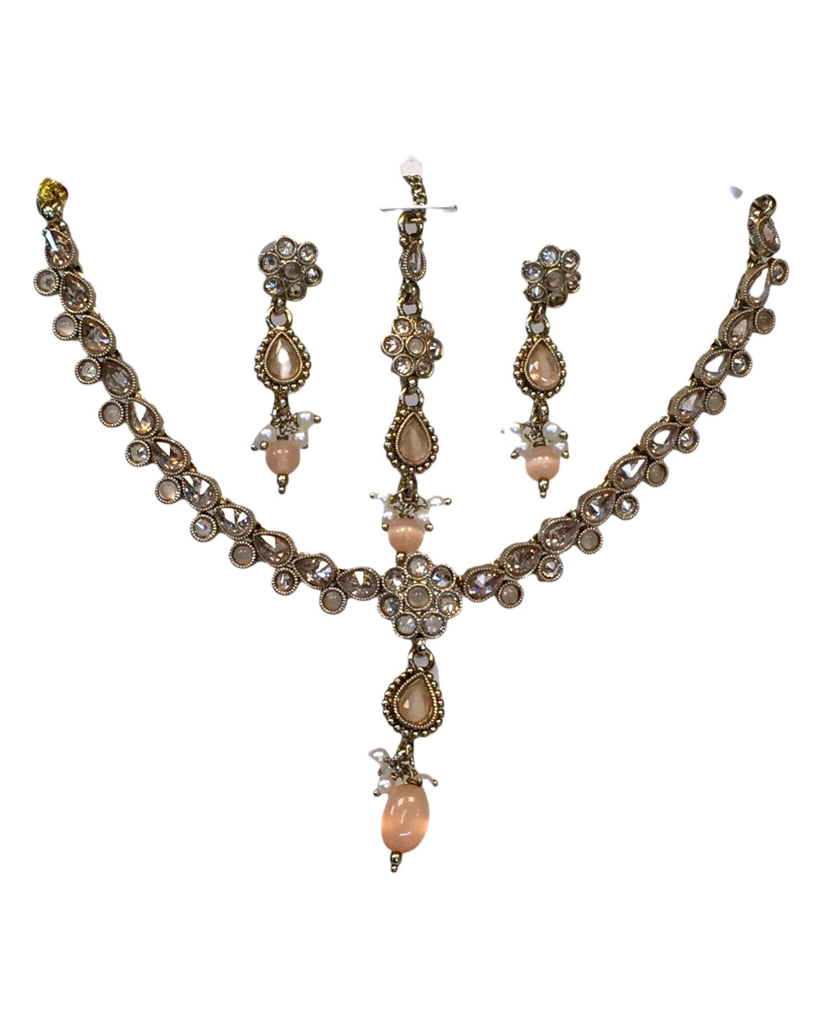 Peach - Small Size Antique Gold Finish Necklace Set with Earrings & Head Piece /Tika- SLV78 11Ap24 - Prachy Creations
