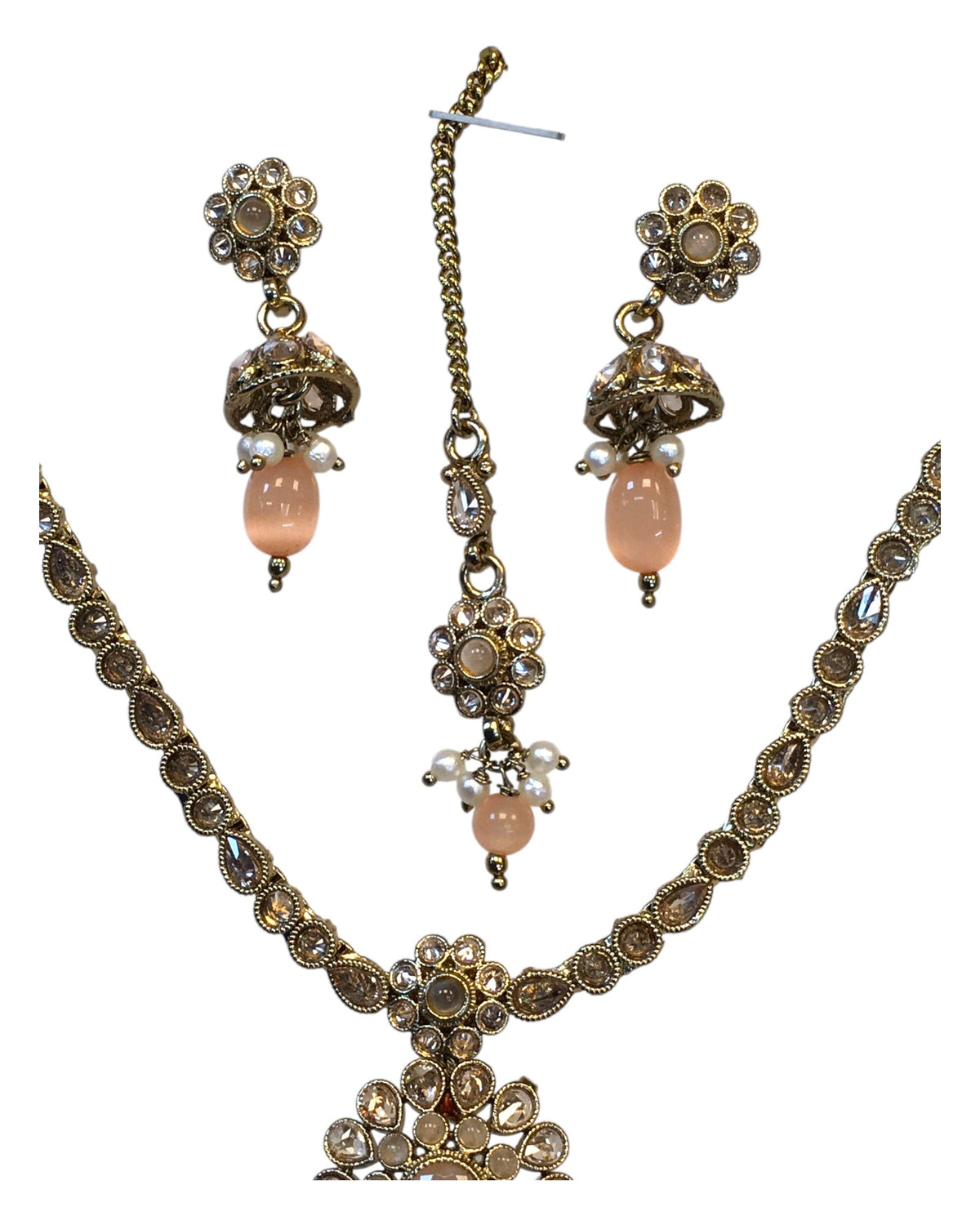 Peach - Small Size Antique Gold Finish Necklace Set with Earrings & Head Piece /Tika- SLV79 11A24 - Prachy Creations