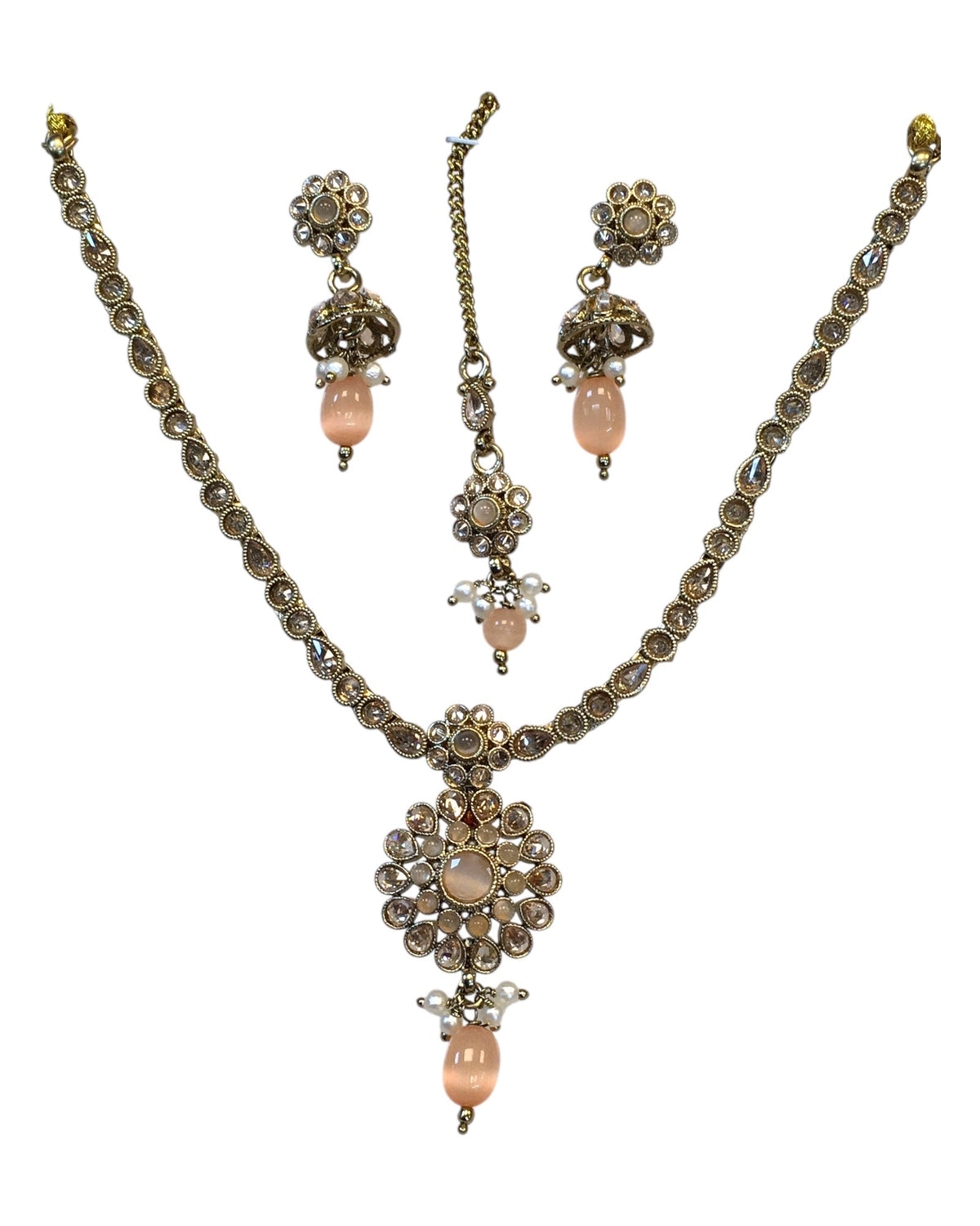 Peach - Small Size Antique Gold Finish Necklace Set with Earrings & Head Piece /Tika- SLV79 11A24 - Prachy Creations