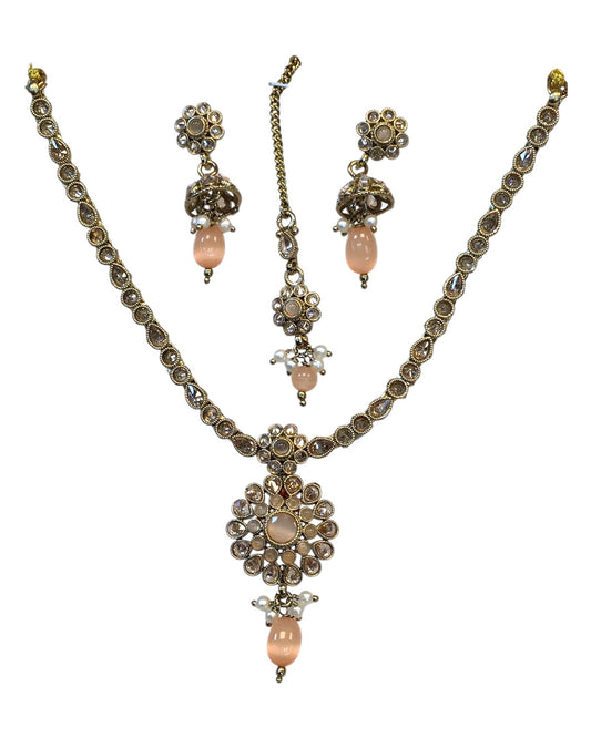Peach - Small Size Antique Gold Finish Necklace Set with Earrings & Head Piece /Tika- SLV79 11A24 - Prachy Creations