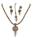 Peach - Small Size Antique Gold Finish Necklace Set with Earrings & Head Piece /Tika- SLV79 11A24 - Prachy Creations