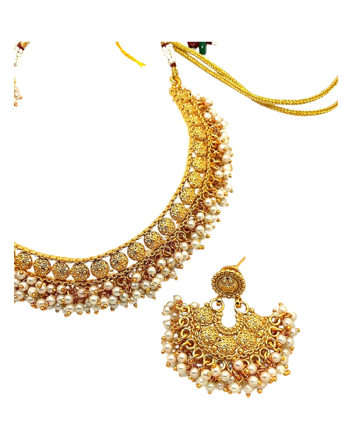 Pearl / Gold - Medium Size Gold Finish Necklace Set with Earrings - Bollywood - AE2515 08C25 - Prachy Creations