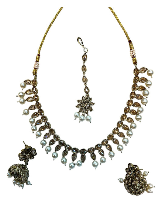 Pearl - Medium Size Antique Gold Finish Necklace Set with Earrings & Head Piece - KAJ1054 08A25 - Prachy Creations