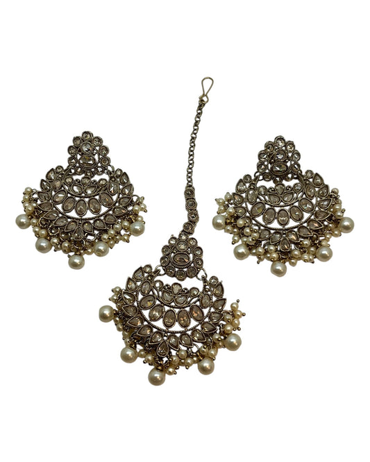 Pearl / Neutral - Large Size Antique Gold Finish Necklace Set with Earrings & Head Piece - Bollywood - AE2514 08KY25 - Prachy Creations