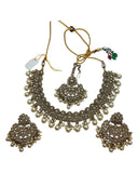 Pearl / Neutral - Large Size Antique Gold Finish Necklace Set with Earrings & Head Piece - Bollywood - AE2514 08KY25 - Prachy Creations