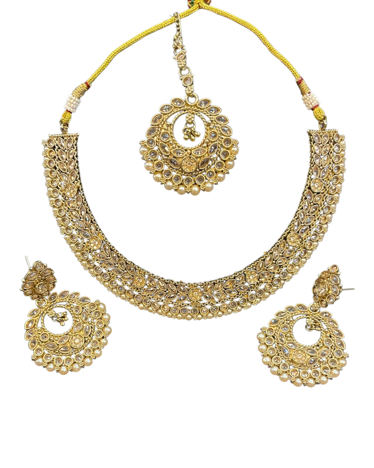 Pearl / Neutral - Medium Size Antique Gold Finish Necklace Set with Earrings - SJ07 08KY25 - Prachy Creations