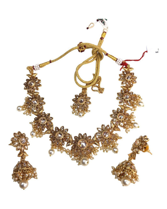 Pearl / Neutral - Medium Size Necklace Set with Earrings - SLV10KT 0822 - Prachy Creations