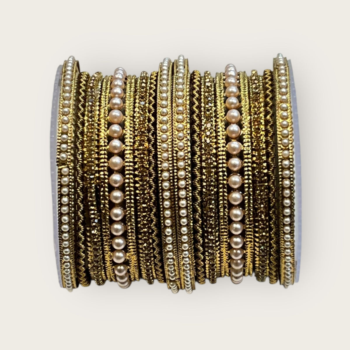 Pearls / Gold Stone - Antique Gold Finish Bangles Set (Set of 14) - UK stock - SM, M, L, XL JAN2655 09Tv25 - Prachy Creations