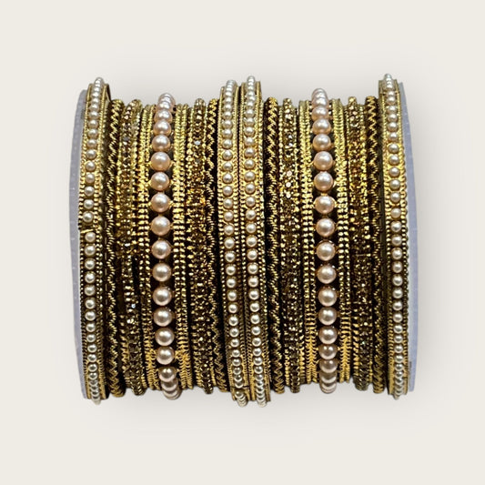 Pearls / Gold Stone - Antique Gold Finish Bangles Set (Set of 14) - UK stock - SM, M, L, XL JAN2655 09Tv25 - Prachy Creations