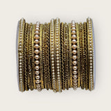 Pearls / Gold Stone - Antique Gold Finish Bangles Set (Set of 14) - UK stock - SM, M, L, XL JAN2655 09Tv25 - Prachy Creations