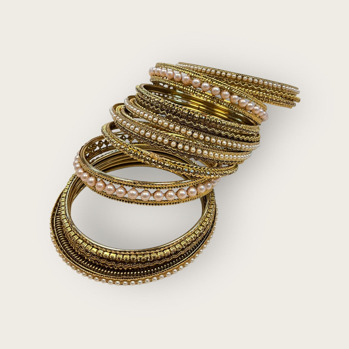 Pearls / Gold Stone - Antique Gold Finish Bangles Set (Set of 14) - UK stock - SM, M, L, XL JAN2655 09Tv25 - Prachy Creations