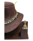 Petrol Blue - Medium Size Antique Gold Finish Necklace Set with Earrings - RAK375 Pp - Prachy Creations