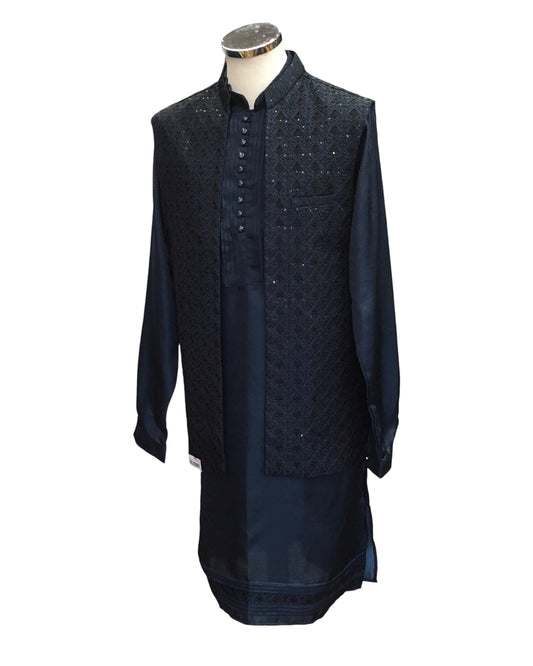 Petrol Blue - Mens Kurta Set with Rich Brocade Waistcoat - SHU2505 TP 0325 - Prachy Creations