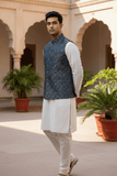 Petrol Blue - Premium Banarasi Handloom Brocade - Mens Indian Waistcoat - UK Stock - 24 hr Dispatch - VNS2604 03KP26 - Prachy Creations