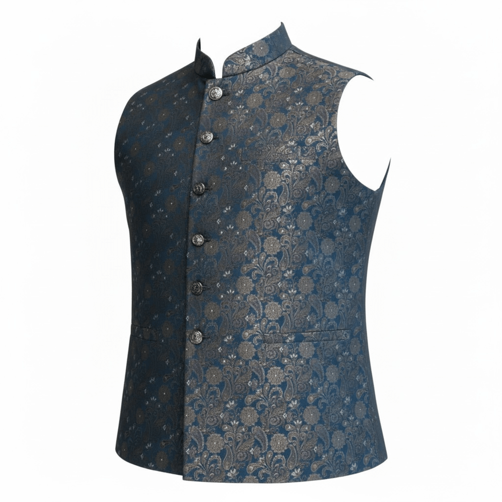 Petrol Blue - Premium Banarasi Handloom Brocade - Mens Indian Waistcoat - UK Stock - 24 hr Dispatch - VNS2604 03KP26 - Prachy Creations