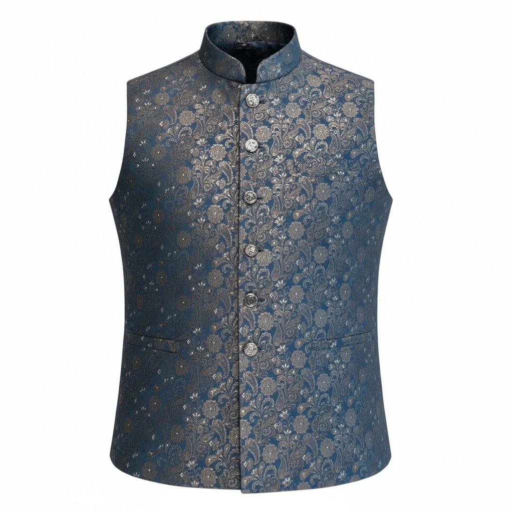 Petrol Blue - Premium Banarasi Handloom Brocade - Mens Indian Waistcoat - UK Stock - 24 hr Dispatch - VNS2604 03KP26 - Prachy Creations