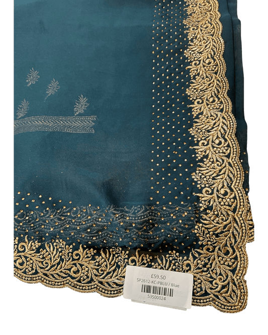 Petrol Blue - Saree with Thread / Stone Work and Blouse Piece - UK stock - 24hr Dispatch - SP2612 KR - Prachy Creations