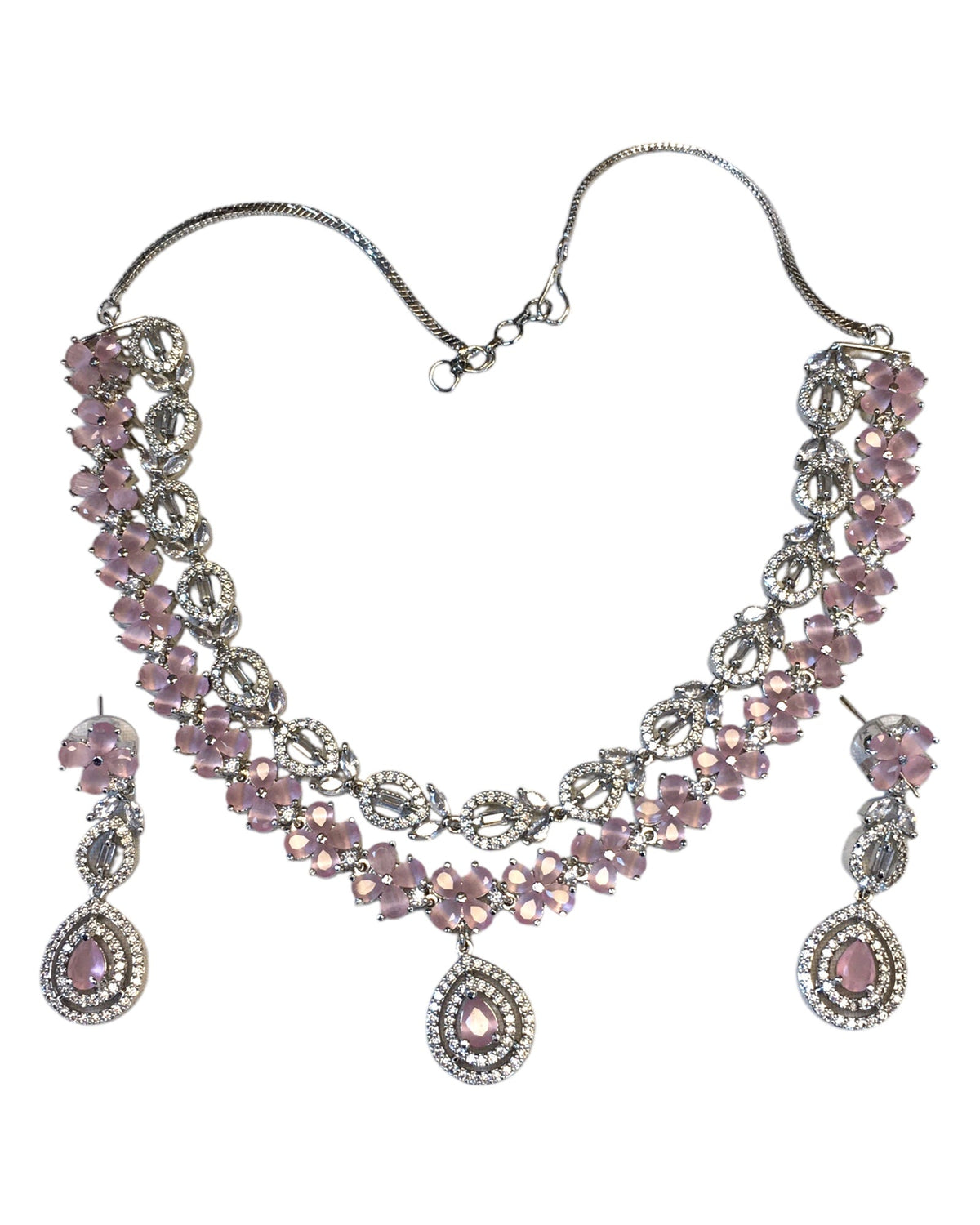 Pink - American Diamond Style Silver Finish Medium Size Necklace Set with Earrings - AE2427 11KT24 - Prachy Creations