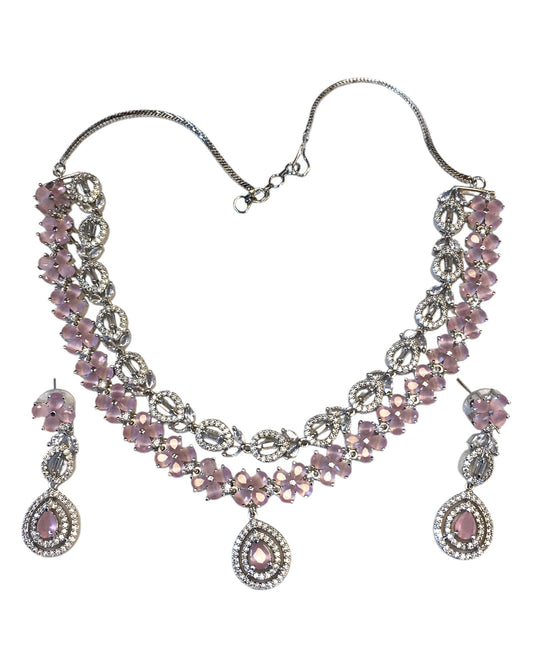 Pink - American Diamond Style Silver Finish Medium Size Necklace Set with Earrings - AE2427 11KT24 - Prachy Creations