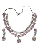Pink - American Diamond Style Silver Finish Medium Size Necklace Set with Earrings - AE2427 11KT24 - Prachy Creations