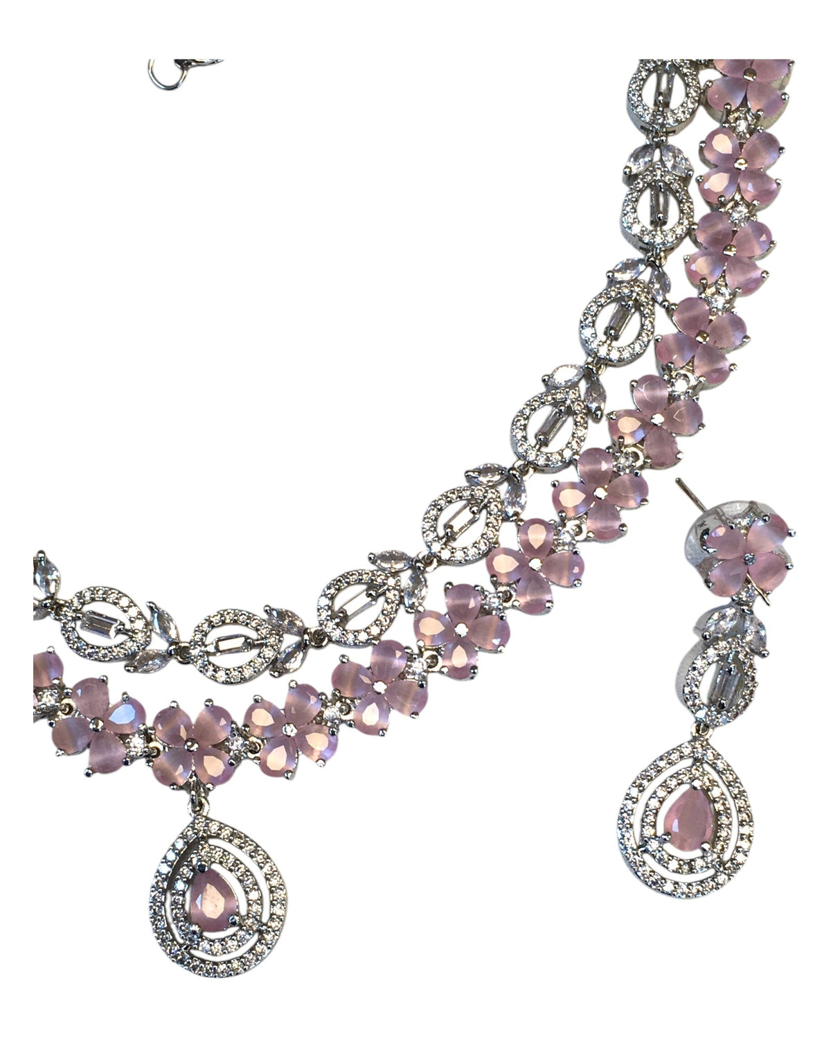Pink - American Diamond Style Silver Finish Medium Size Necklace Set with Earrings - AE2427 11KT24 - Prachy Creations
