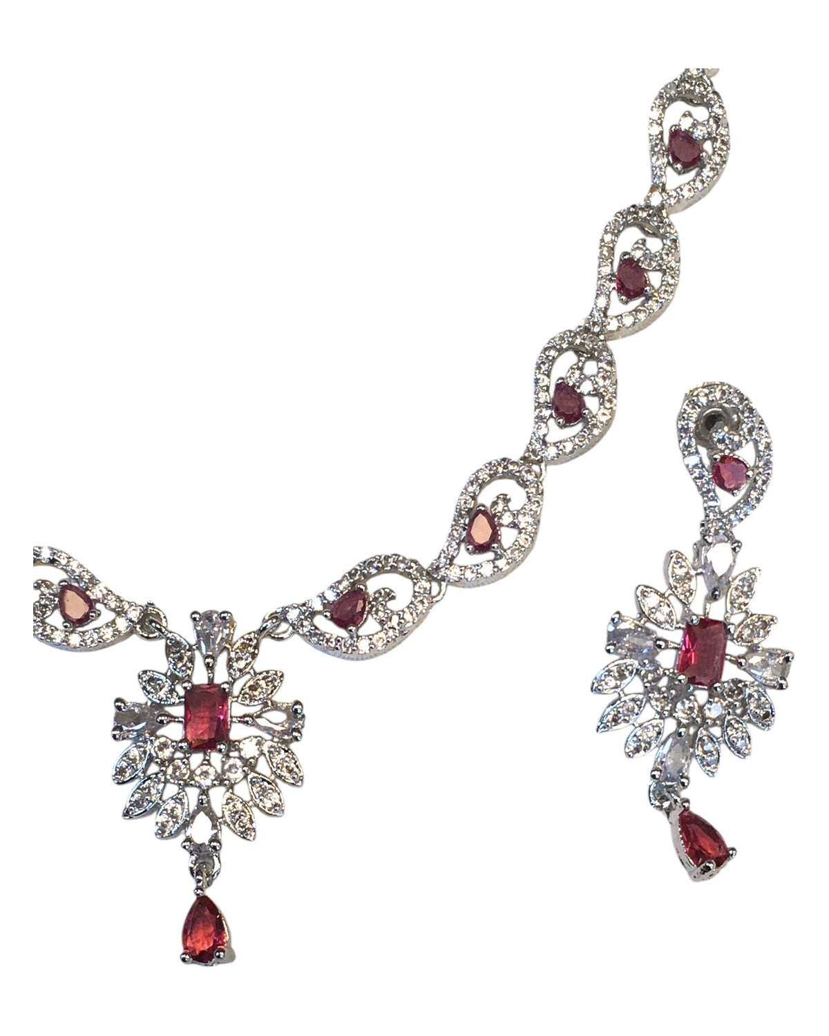 Pink - American Diamond Style Silver Finish Small Size Necklace Set with Earrings - AE2421 11R24 - Prachy Creations