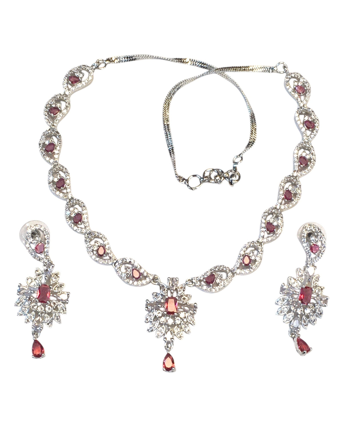 Pink - American Diamond Style Silver Finish Small Size Necklace Set with Earrings - AE2421 11R24 - Prachy Creations