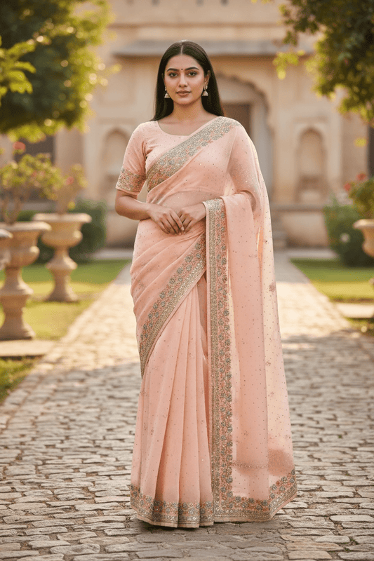 Pink - Chiffon - Party Wear Embroidiered Saree with Blouse Piece - SP250407 VT 0425 - Prachy Creations