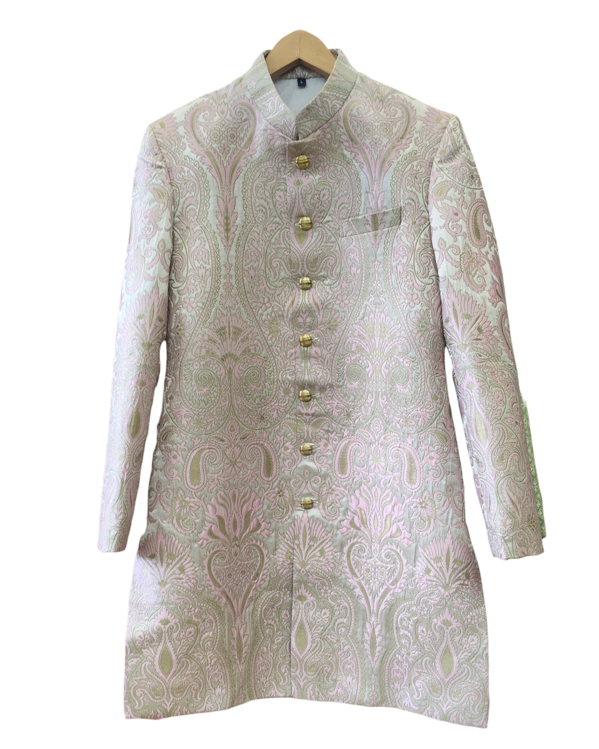 Pink - Classic Banarasi Brocade Sherwani with Gold Buttons - HHF2407 TC 0624 - Prachy Creations