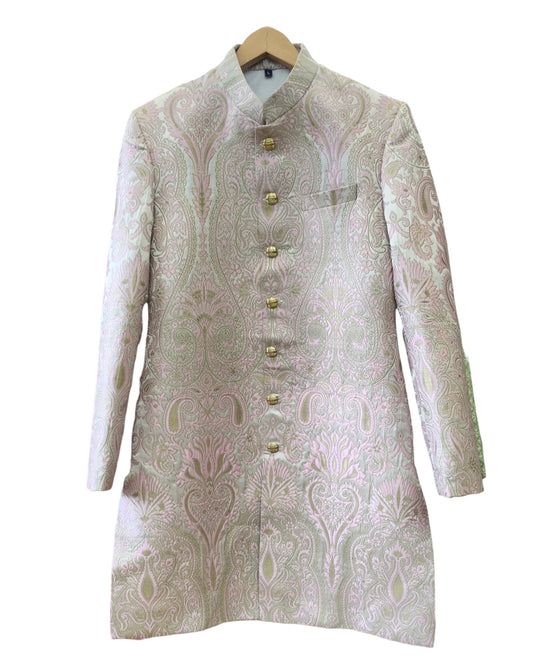 Pink - Classic Banarasi Brocade Sherwani with Gold Buttons - HHF2407 TC 0624 - Prachy Creations