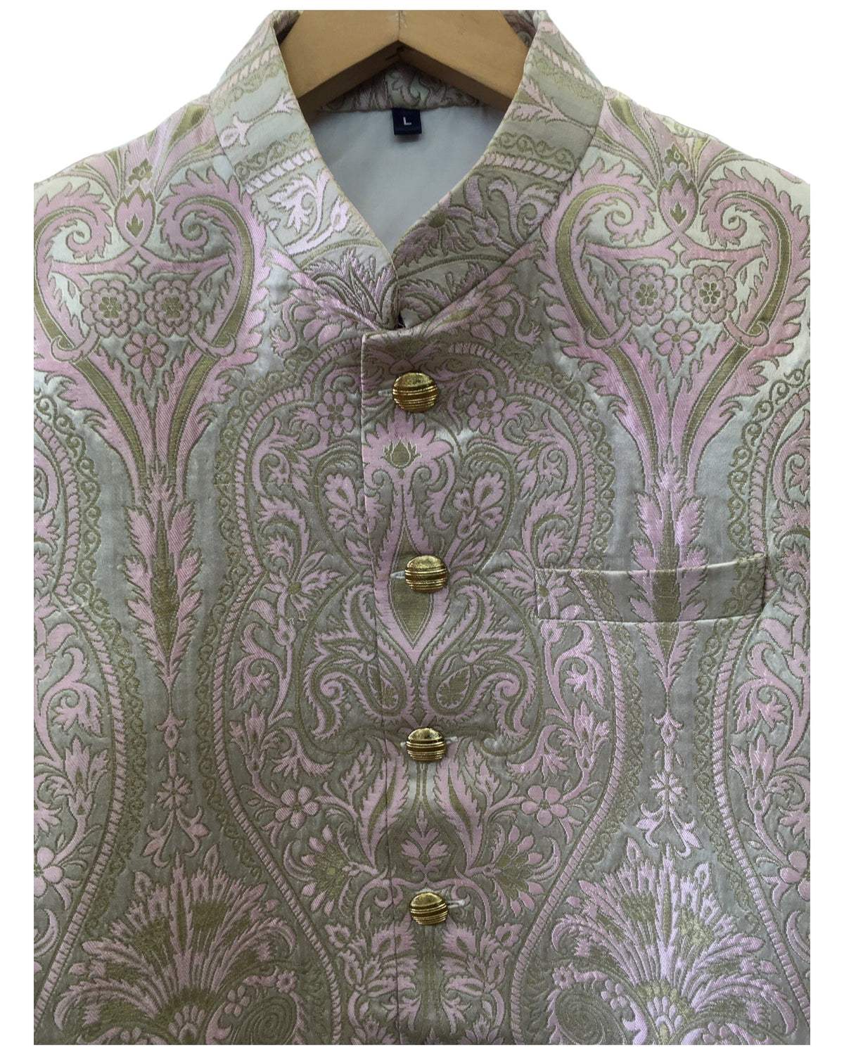 Pink - Classic Banarasi Brocade Sherwani with Gold Buttons - HHF2407 TC 0624 - Prachy Creations
