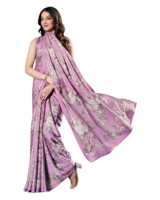 Pink - Floral Printed - Satin Finish Saree with Blouse Piece - SUSFEL19001C 10KJ25 - Prachy Creations