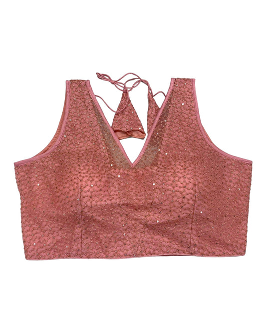 Pink - Fully Embroidered V neck Saree / Lehenga blouse - With Cups - Margin to loosen - UK Stock - AF2343 H 0923 - Prachy Creations
