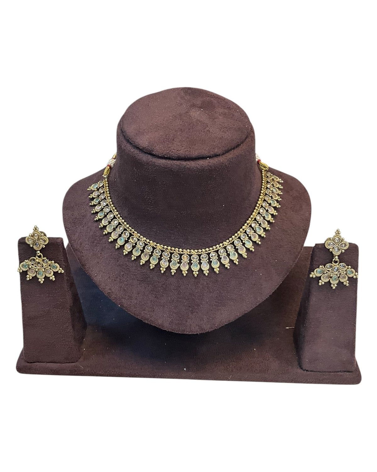 Pink & Green - Small Size Antique Gold Finish Necklace Set with Earrings - AE2501 A 0525 - Prachy Creations