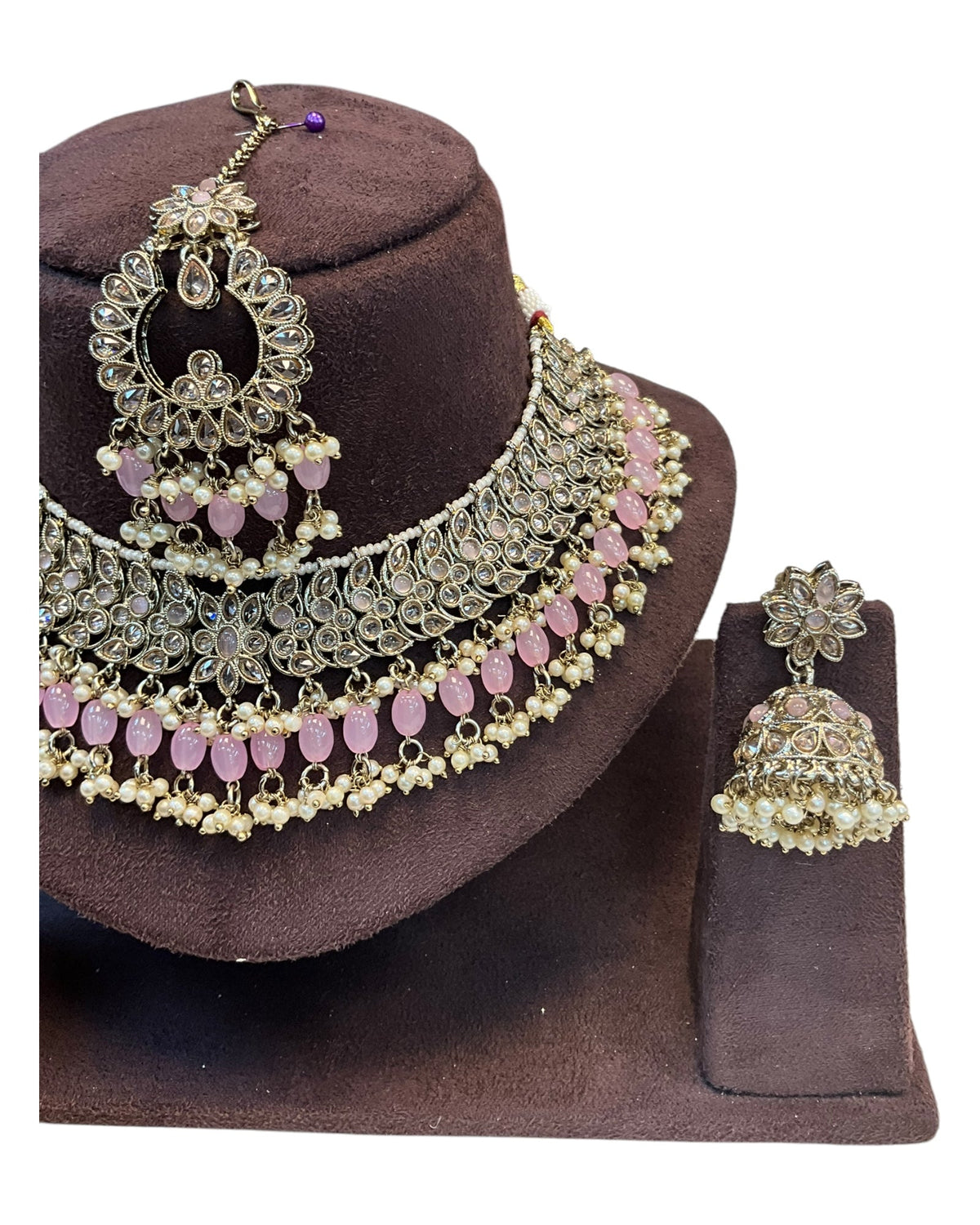 Pink - Large Size Antique Gold Finish Necklace Set with Earrings & Tika Head piece - GGA07 KT 0525 - Prachy Creations