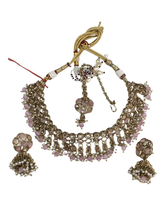 Pink - Large Size Necklace set with Earrings - PRI1669 KT 0622 - Prachy Creations
