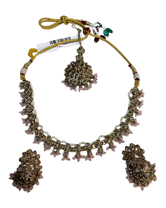 Pink - Medium Size Antique Gold Finish Necklace Set with Earrings & Head Piece - RAK436 04A26 - Prachy Creations