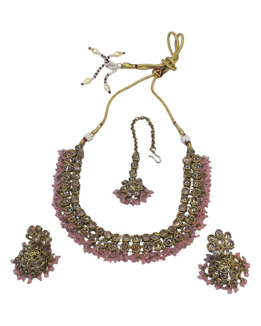Pink - Medium Size Antique Gold Finish Necklace Set with Earrings - PRI1785 11H24 - Prachy Creations