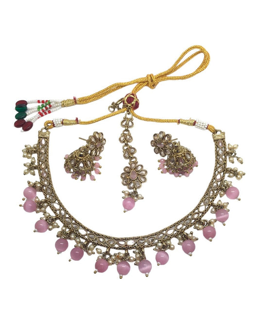 Pink - Reverse Stone Choker Necklace set - Bollywood - Weddings - NIR793 C 0923 - Prachy Creations