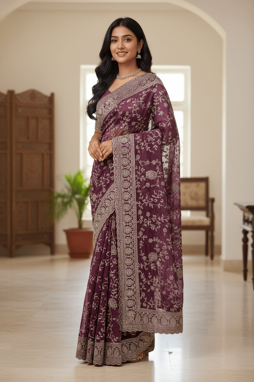 Pink - Rich Saree with Allover Embroidery and Blouse Piece - UK stock - 24hr Dispatch - RS2507 PT - Prachy Creations