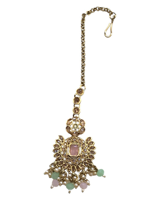 Pink / Sea Green - Large - Antique Gold Finish Traditional Tika Head piece - Bollywood - Weddings - PRI1773 11V24 - Prachy Creations