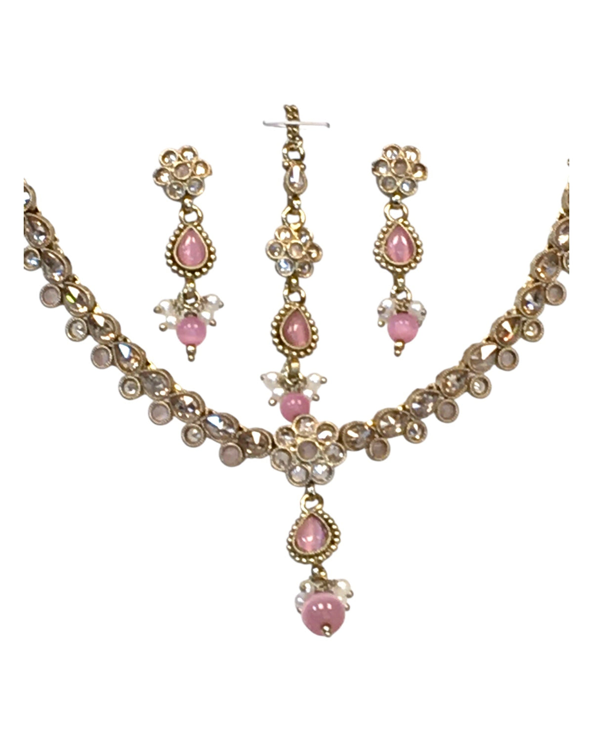 Pink - Small Size Antique Gold Finish Necklace Set with Earrings & Head Piece /Tika- SLV78 11Ap24 - Prachy Creations
