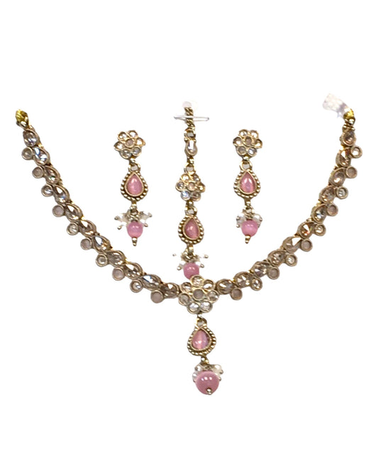 Pink - Small Size Antique Gold Finish Necklace Set with Earrings & Head Piece /Tika- SLV78 11Ap24 - Prachy Creations