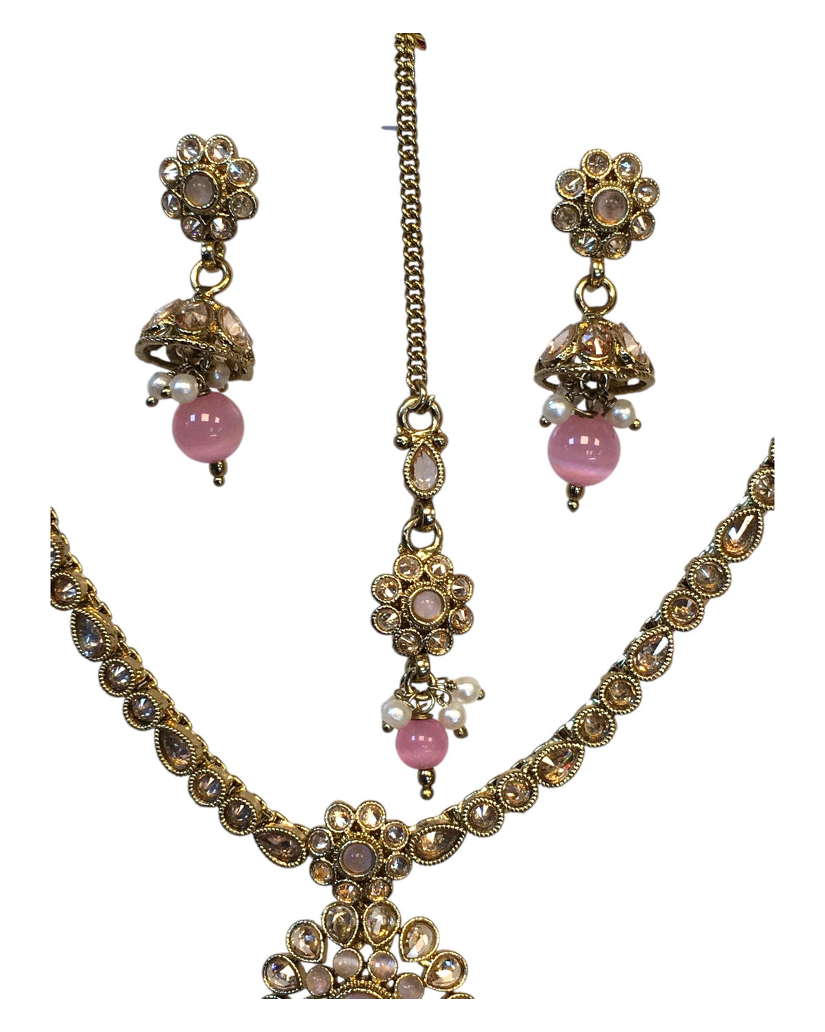 Pink - Small Size Antique Gold Finish Necklace Set with Earrings & Head Piece /Tika- SLV79 11A24 - Prachy Creations