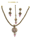 Pink - Small Size Antique Gold Finish Necklace Set with Earrings & Head Piece /Tika- SLV79 11A24 - Prachy Creations