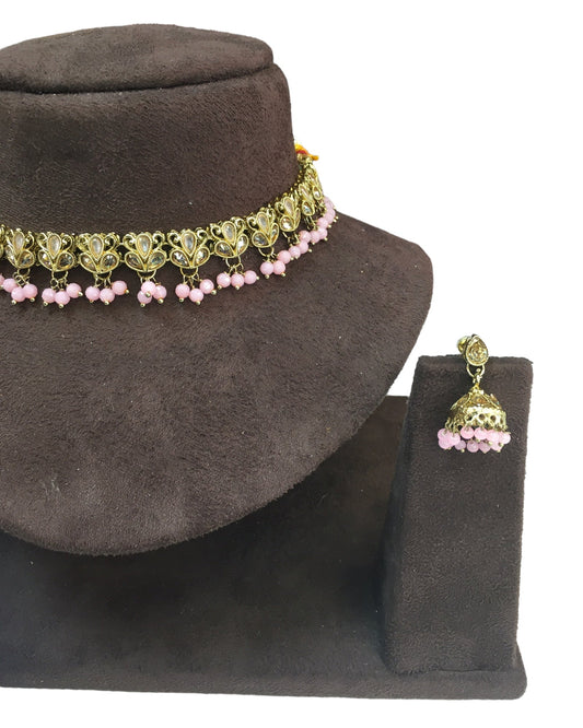 Pink - Small Size Antique Gold Finish Necklace Set with Earrings - VJY401 A 0424 - Prachy Creations