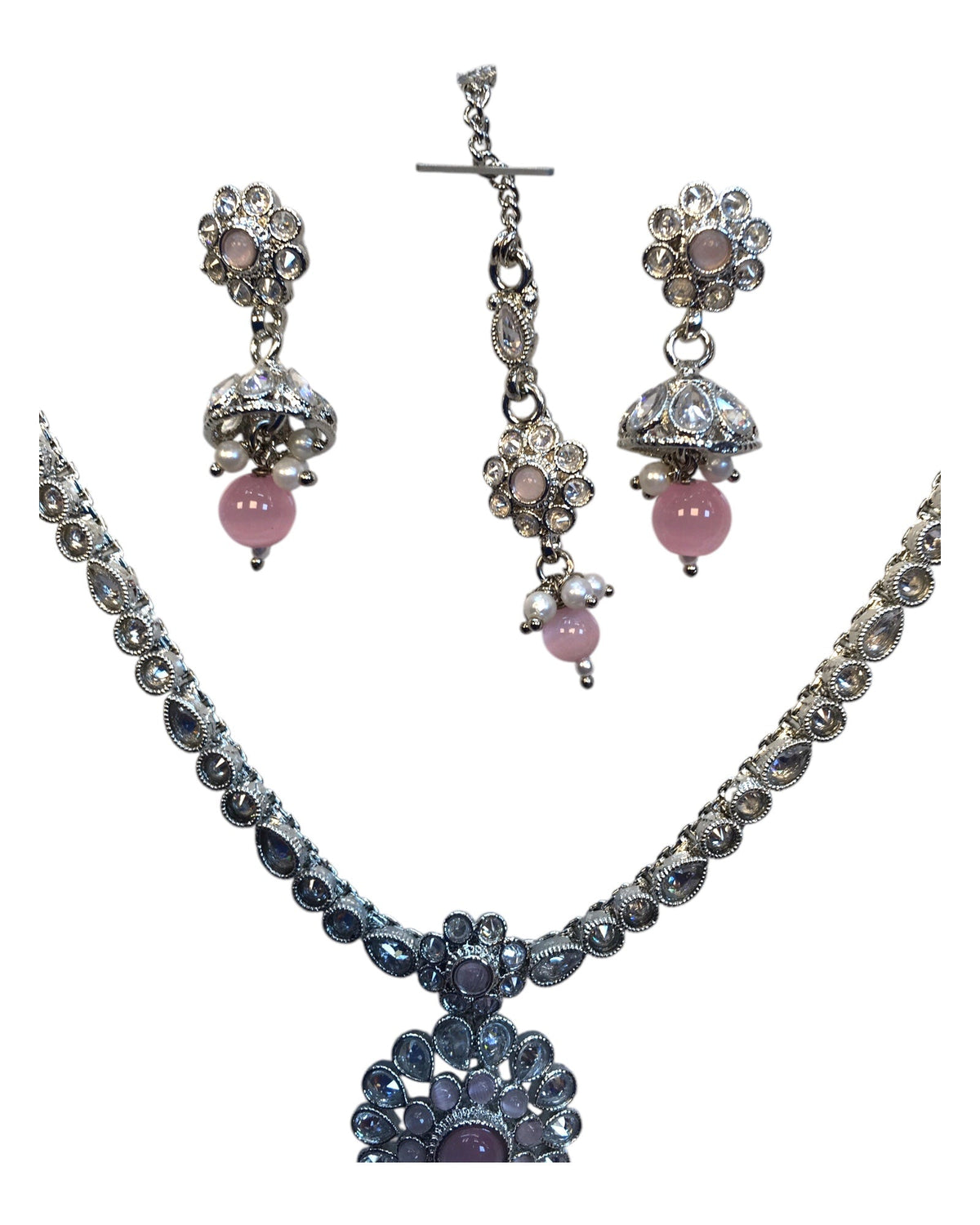 Pink - Small Size Silver Finish Necklace Set with Earrings & Head Piece /Tika- SLV79 11A24 - Prachy Creations